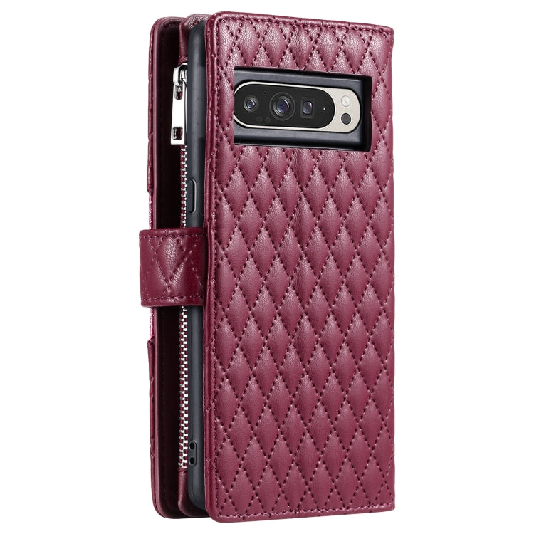 For Google Pixel 9 Pro XL Glitter Lattice Zipper Wallet Leather Phone Case(Wine Red) by buy2fix