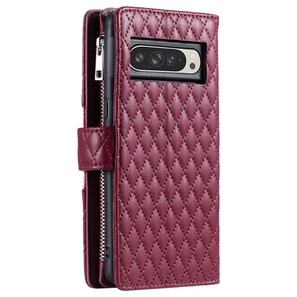 For Google Pixel 9 Pro XL Glitter Lattice Zipper Wallet Leather Phone Case(Wine Red) by buy2fix