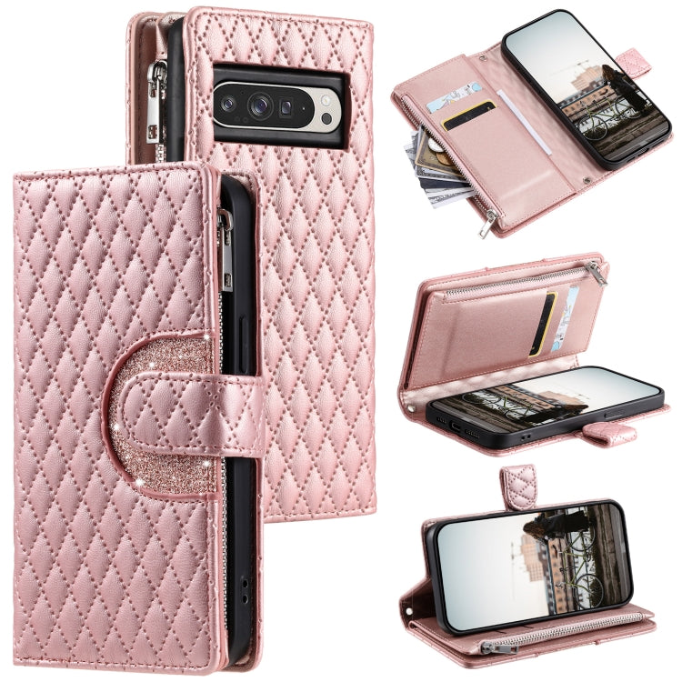 For Google Pixel 9 Pro XL Glitter Lattice Zipper Wallet Leather Phone Case(Rose Gold) by buy2fix