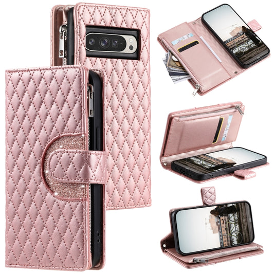 For Google Pixel 9 Pro XL Glitter Lattice Zipper Wallet Leather Phone Case(Rose Gold) by buy2fix