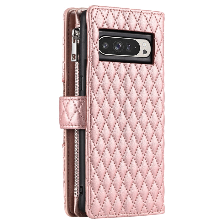 For Google Pixel 9 Pro XL Glitter Lattice Zipper Wallet Leather Phone Case(Rose Gold) by buy2fix