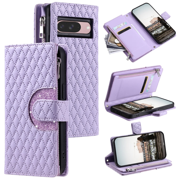 For Google Pixel 9 / 9 Pro Glitter Lattice Zipper Wallet Leather Phone Case(Purple) by buy2fix