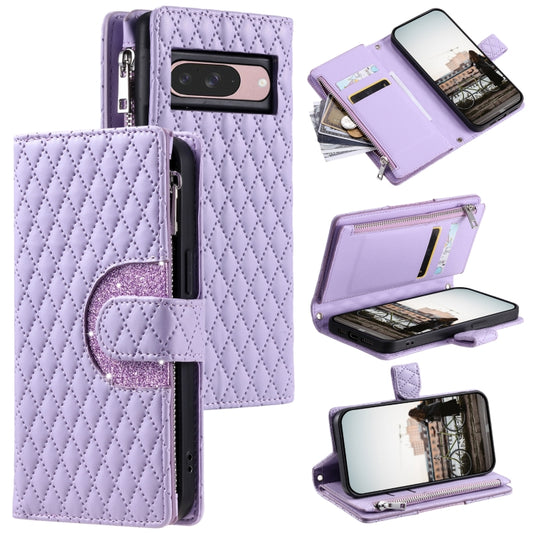 For Google Pixel 9 / 9 Pro Glitter Lattice Zipper Wallet Leather Phone Case(Purple) by buy2fix