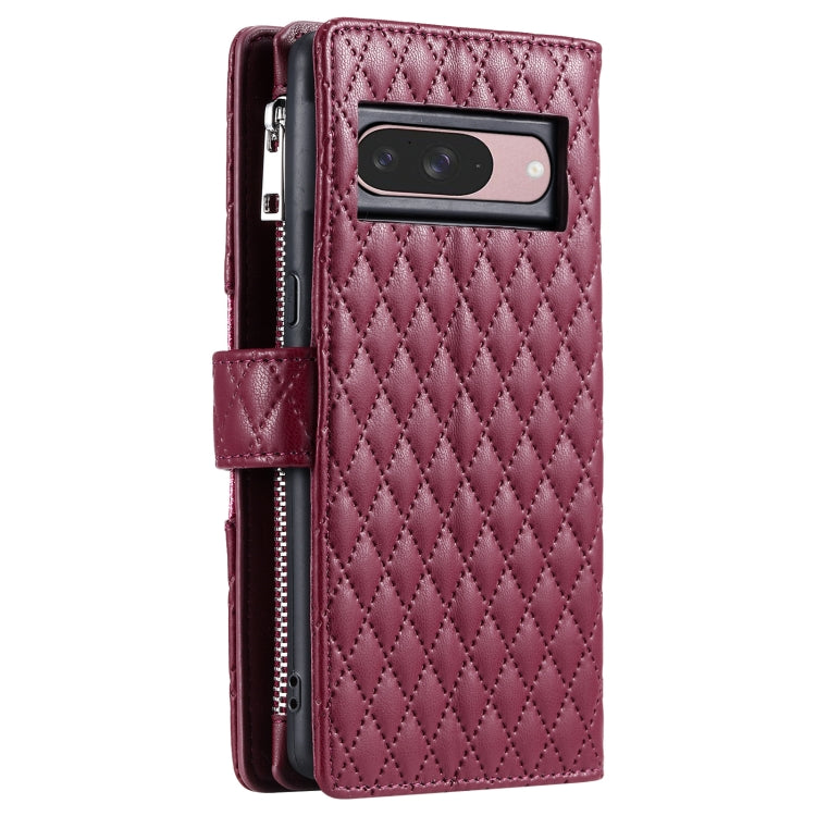 For Google Pixel 9 / 9 Pro Glitter Lattice Zipper Wallet Leather Phone Case(Wine Red) by buy2fix
