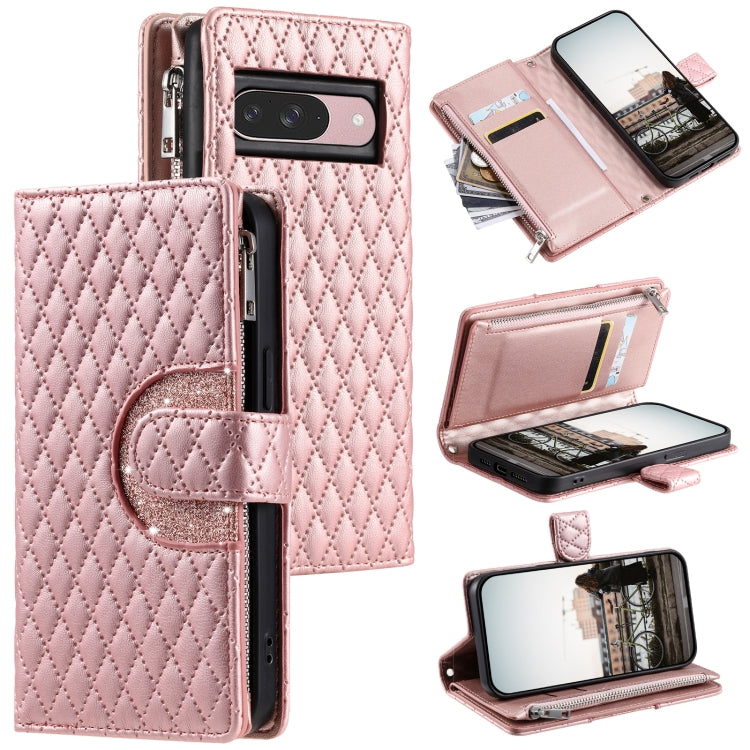 For Google Pixel 9 / 9 Pro Glitter Lattice Zipper Wallet Leather Phone Case(Rose Gold) by buy2fix