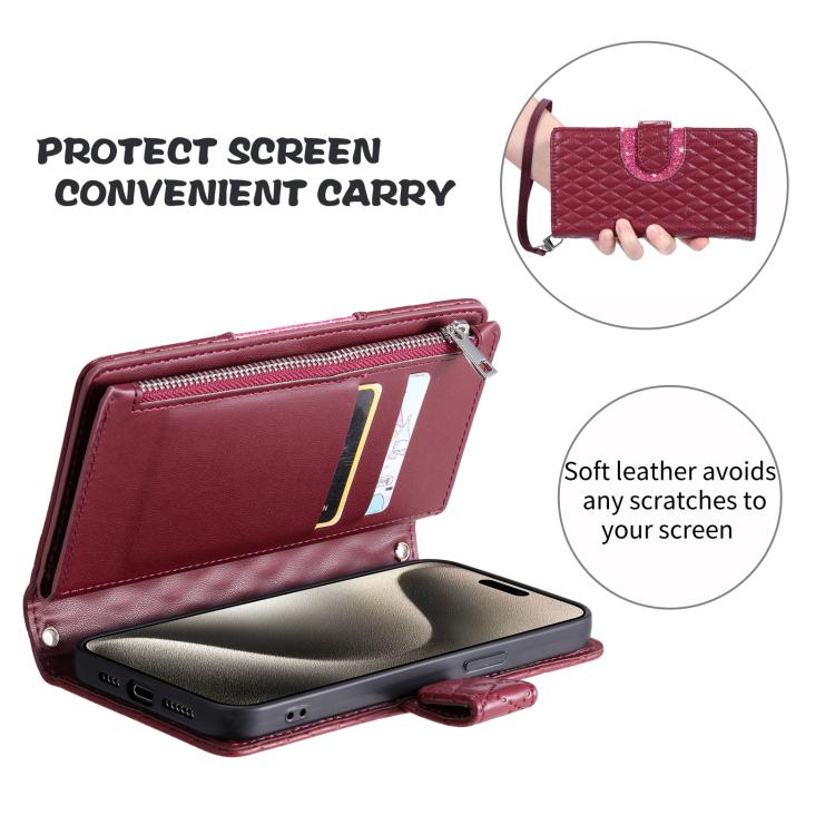 For Google Pixel 10 Pro XL Glitter Lattice Zipper Wallet Leather Phone Case(Wine Red) - Google Cases by buy2fix | Online Shopping UK | buy2fix