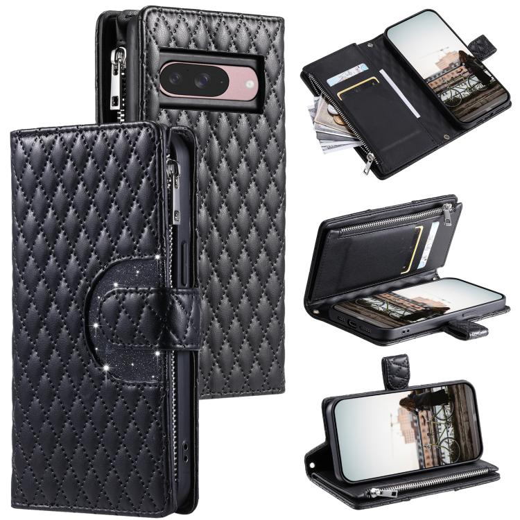 For Google Pixel 10 / 10 Pro Glitter Lattice Zipper Wallet Leather Phone Case(Black) - Google Cases by buy2fix | Online Shopping UK | buy2fix