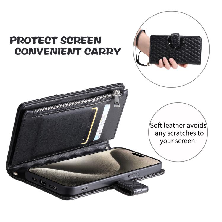 For Google Pixel 10 / 10 Pro Glitter Lattice Zipper Wallet Leather Phone Case(Black) - Google Cases by buy2fix | Online Shopping UK | buy2fix
