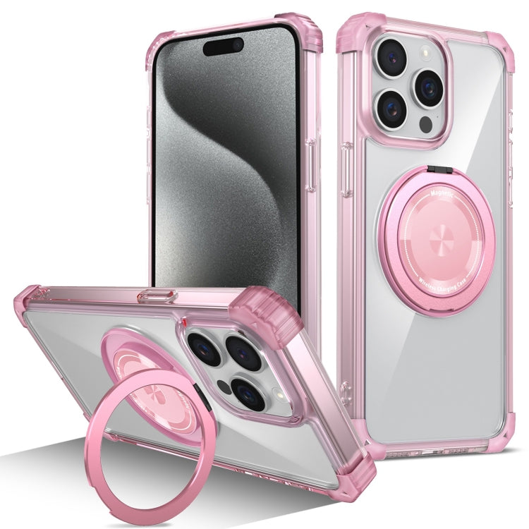 For iPhone 15 Pro Max Gold Shield CD Pattern MagSafe Magnetic Phone Case with Rotating Stand(Transparent Pink) by buy2fix