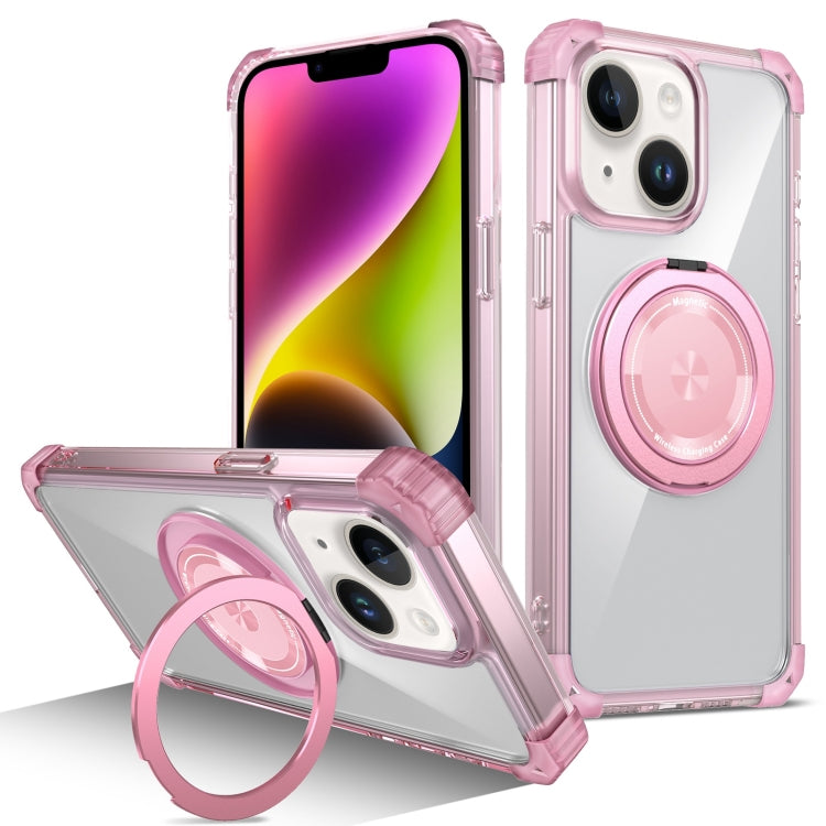 For iPhone 14 Gold Shield CD Pattern MagSafe Magnetic Phone Case with Rotating Stand(Transparent Pink) by buy2fix