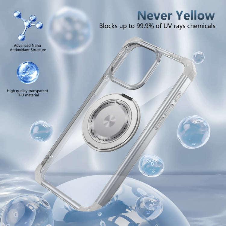 For iPhone 14 Gold Shield CD Pattern MagSafe Magnetic Phone Case with Rotating Stand(Transparent) by buy2fix