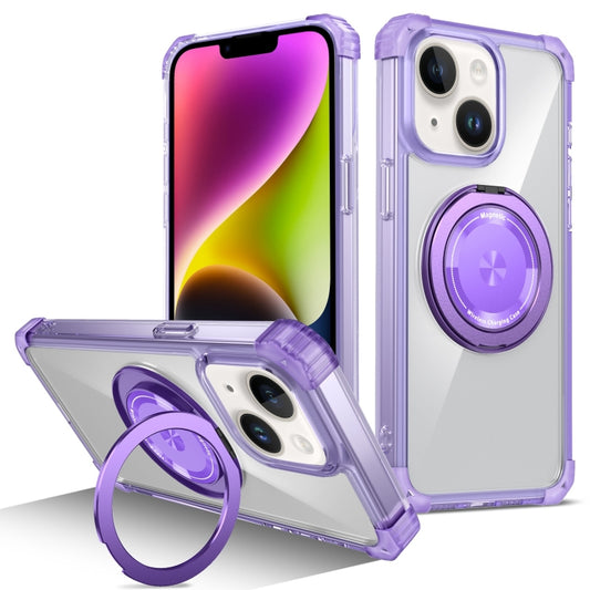 For iPhone 14 Gold Shield CD Pattern MagSafe Magnetic Phone Case with Rotating Stand(Transparent Purple) by buy2fix