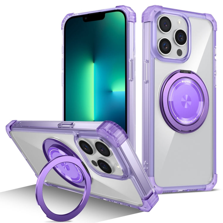 For iPhone 13 Pro Gold Shield CD Pattern MagSafe Magnetic Phone Case with Rotating Stand(Transparent Purple) by buy2fix
