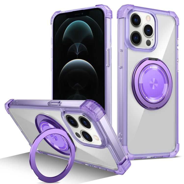 For iPhone 12 Pro Gold Shield CD Pattern MagSafe Magnetic Phone Case with Rotating Stand(Transparent Purple) by buy2fix