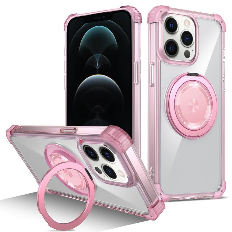 For iPhone 12 Pro Max Gold Shield CD Pattern MagSafe Magnetic Phone Case with Rotating Stand(Transparent Pink) by buy2fix
