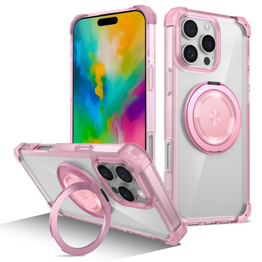 For iPhone 16 Pro Max Gold Shield CD Pattern MagSafe Magnetic Phone Case with Rotating Stand(Transparent Pink) by buy2fix