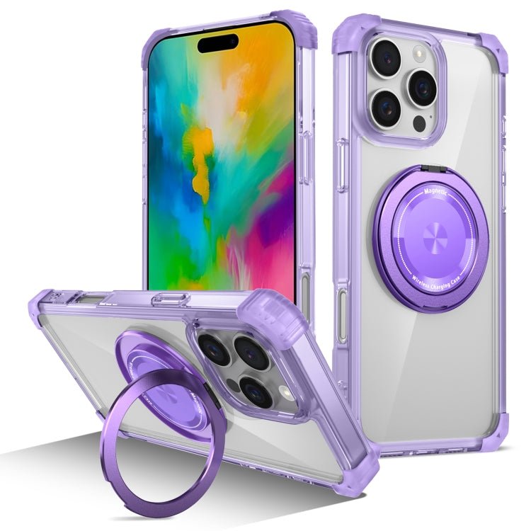 For iPhone 16 Pro Max Gold Shield CD Pattern MagSafe Magnetic Phone Case with Rotating Stand(Transparent Purple) by buy2fix