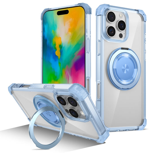 For iPhone 16 Pro Gold Shield CD Pattern MagSafe Magnetic Phone Case with Rotating Stand(Transparent Blue) by buy2fix