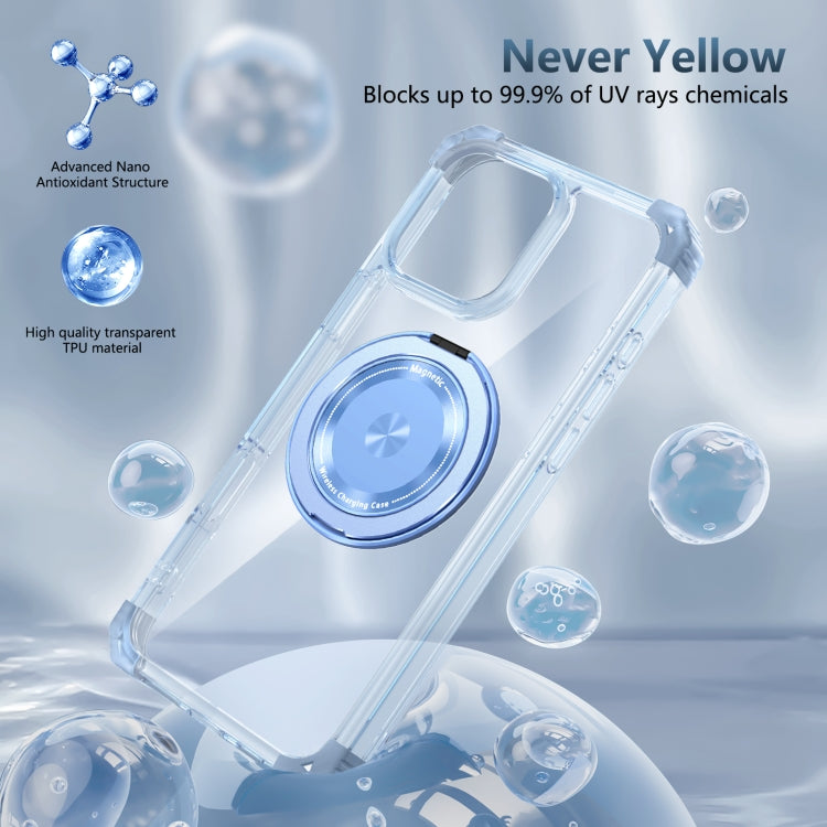 For iPhone 16 Pro Gold Shield CD Pattern MagSafe Magnetic Phone Case with Rotating Stand(Transparent Blue) by buy2fix