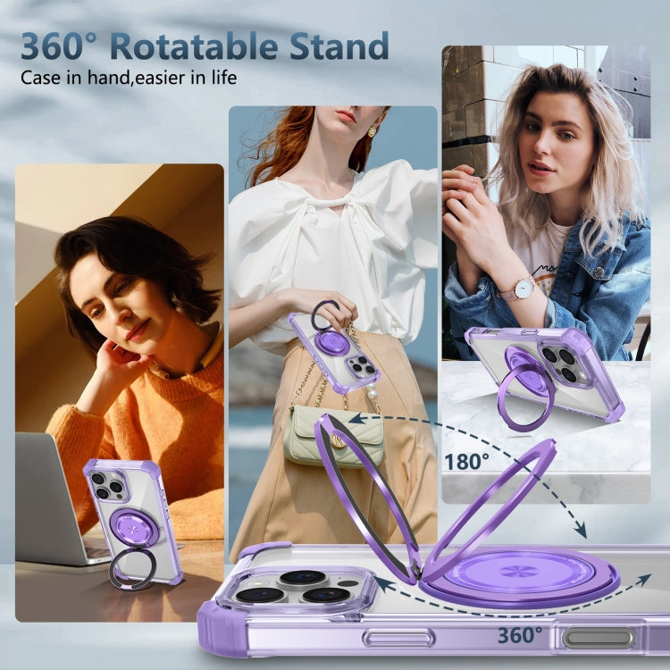 For iPhone 16 Pro Gold Shield CD Pattern MagSafe Magnetic Phone Case with Rotating Stand(Transparent Purple) by buy2fix