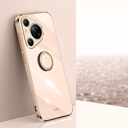 For Huawei Pura 70 Pro / Pura 70 Pro+ XINLI Straight 6D Plating Gold Edge TPU Shockproof Case with Ring Holder(Pink)