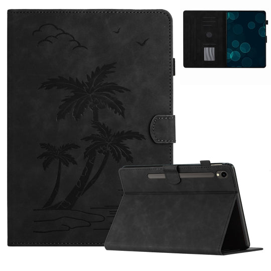 For Samsung Galaxy Tab S9 X710/X716B/X718U Coconut Tree Embossed Smart Leather Tablet Case(Black)