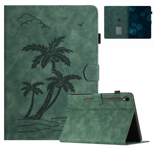 For Samsung Galaxy Tab S9 X710/X716B/X718U Coconut Tree Embossed Smart Leather Tablet Case(Green)
