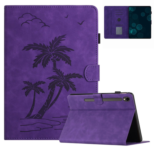 For Samsung Galaxy Tab S9 X710/X716B/X718U Coconut Tree Embossed Smart Leather Tablet Case(Purple)