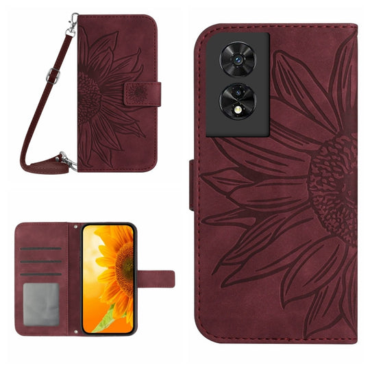 For TCL 50 SE/40 NxtPaper 4G Skin Feel Sun Flower Embossed Flip Leather Phone Case with Lanyard(Wine Red)