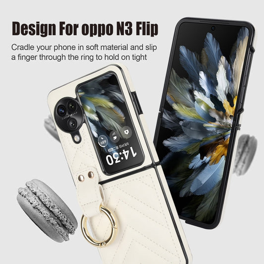 For OPPO Find N3 Flip V-shaped PU Hybrid TPU Ring Holder Phone Case(White) - OPPO Cases by buy2fix | Online Shopping UK | buy2fix