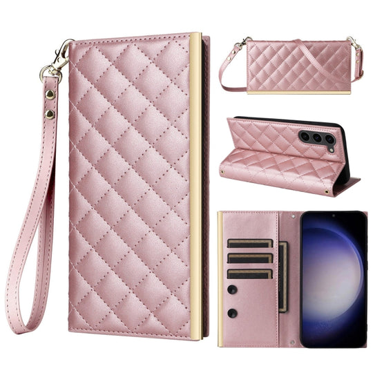For Samsung Galaxy S23+ 5G Crossbody Rhombic Sucker Leather Phone Case(Rose Gold)