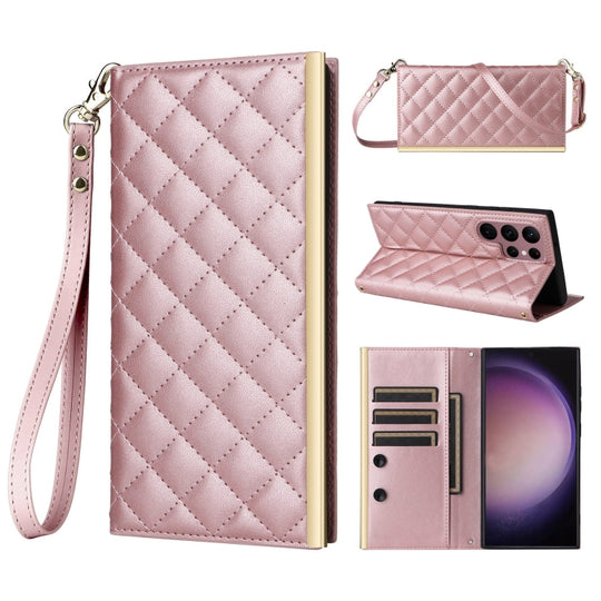 For Samsung Galaxy S22 Ultra 5G Crossbody Rhombic Sucker Leather Phone Case(Rose Gold)