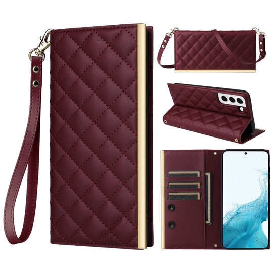 For Samsung Galaxy S21 5G Crossbody Rhombic Sucker Leather Phone Case(Claret)