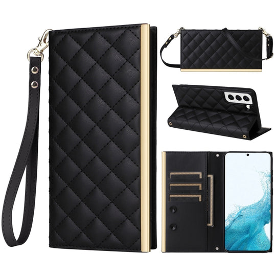 For Samsung Galaxy S21+ 5G Crossbody Rhombic Sucker Leather Phone Case(Black)