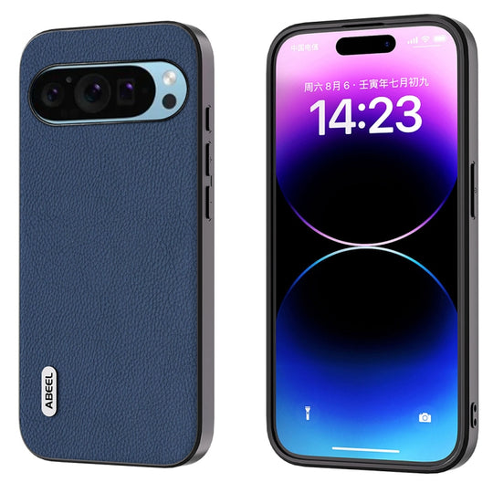 For Google Pixel 9 Pro ABEEL Genuine Leather + PC Litchi Texture Phone Case(Blue)