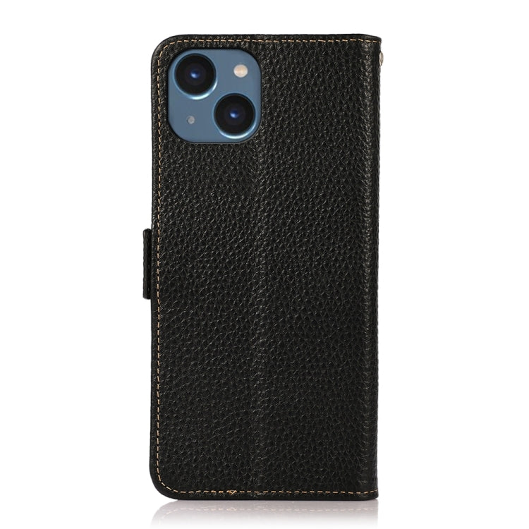 For iPhone 15 KHAZNEH Side-Magnetic Litchi Genuine Leather RFID Phone Case(Black) - iPhone 15 Cases by buy2fix | Online Shopping UK | buy2fix