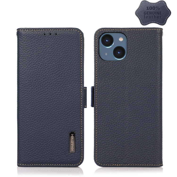 For iPhone 15 KHAZNEH Side-Magnetic Litchi Genuine Leather RFID Phone Case(Blue) - iPhone 15 Cases by buy2fix | Online Shopping UK | buy2fix