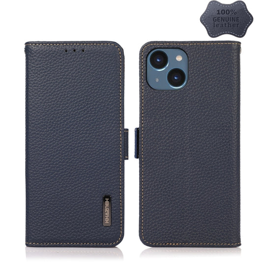 For iPhone 15 KHAZNEH Side-Magnetic Litchi Genuine Leather RFID Phone Case(Blue) - iPhone 15 Cases by buy2fix | Online Shopping UK | buy2fix