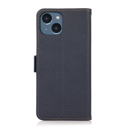 For iPhone 15 KHAZNEH Side-Magnetic Litchi Genuine Leather RFID Phone Case(Blue) - iPhone 15 Cases by buy2fix | Online Shopping UK | buy2fix
