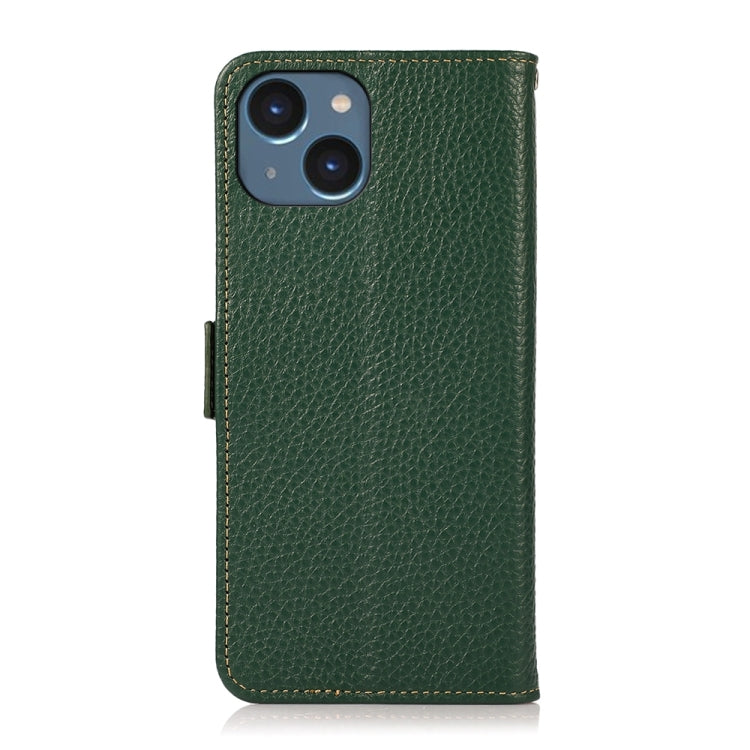 For iPhone 15 KHAZNEH Side-Magnetic Litchi Genuine Leather RFID Phone Case(Green) - iPhone 15 Cases by buy2fix | Online Shopping UK | buy2fix