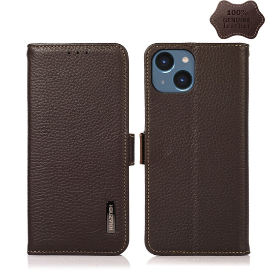 For iPhone 15 KHAZNEH Side-Magnetic Litchi Genuine Leather RFID Phone Case(Brown) - iPhone 15 Cases by buy2fix | Online Shopping UK | buy2fix