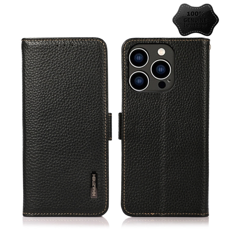 For iPhone 15 Pro KHAZNEH Side-Magnetic Litchi Genuine Leather RFID Phone Case(Black) - iPhone 15 Pro Cases by buy2fix | Online Shopping UK | buy2fix