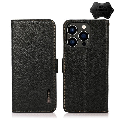 For iPhone 15 Pro KHAZNEH Side-Magnetic Litchi Genuine Leather RFID Phone Case(Black) - iPhone 15 Pro Cases by buy2fix | Online Shopping UK | buy2fix