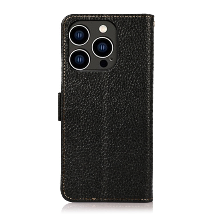 For iPhone 15 Pro KHAZNEH Side-Magnetic Litchi Genuine Leather RFID Phone Case(Black) - iPhone 15 Pro Cases by buy2fix | Online Shopping UK | buy2fix