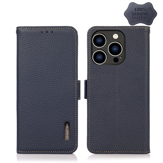 For iPhone 15 Pro KHAZNEH Side-Magnetic Litchi Genuine Leather RFID Phone Case(Blue) - iPhone 15 Pro Cases by buy2fix | Online Shopping UK | buy2fix
