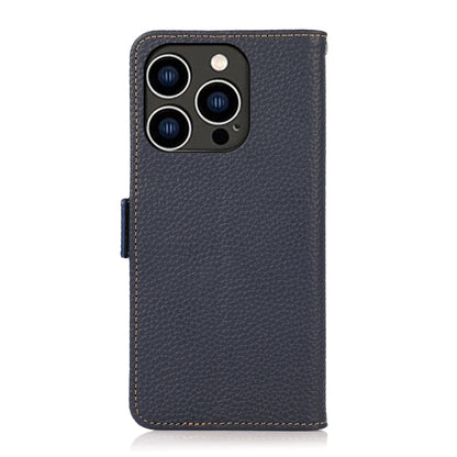 For iPhone 15 Pro KHAZNEH Side-Magnetic Litchi Genuine Leather RFID Phone Case(Blue) - iPhone 15 Pro Cases by buy2fix | Online Shopping UK | buy2fix