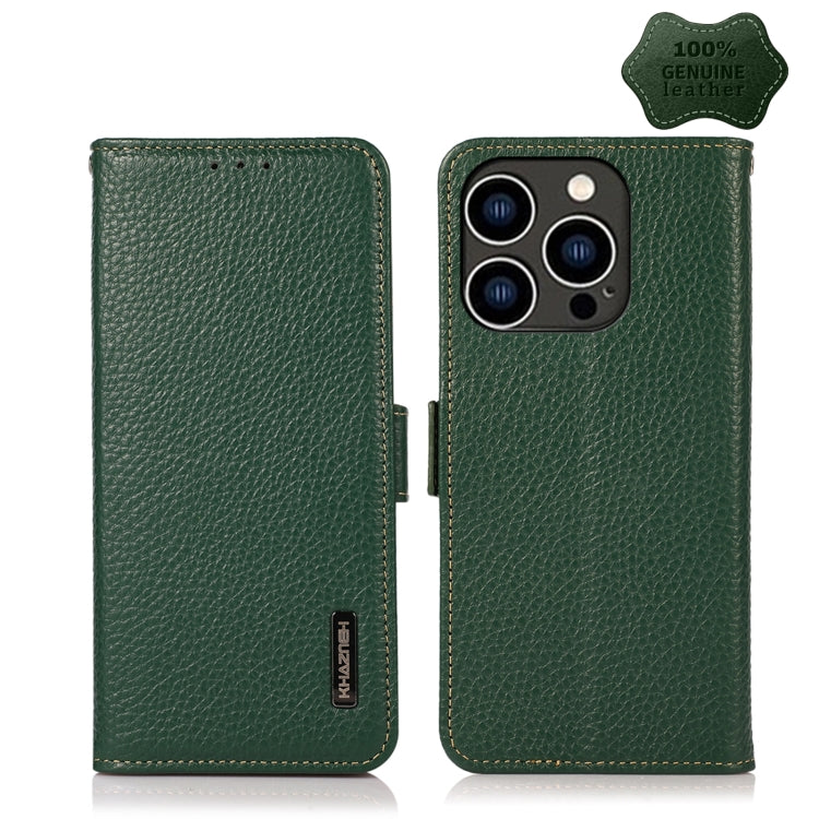 For iPhone 15 Pro KHAZNEH Side-Magnetic Litchi Genuine Leather RFID Phone Case(Green) - iPhone 15 Pro Cases by buy2fix | Online Shopping UK | buy2fix