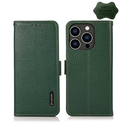 For iPhone 15 Pro KHAZNEH Side-Magnetic Litchi Genuine Leather RFID Phone Case(Green) - iPhone 15 Pro Cases by buy2fix | Online Shopping UK | buy2fix
