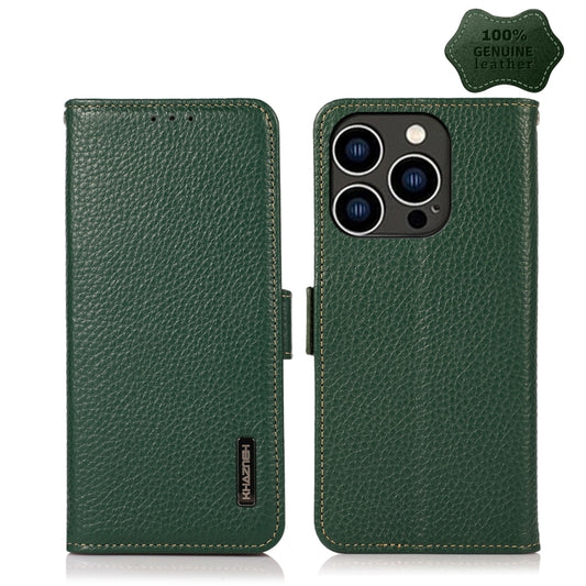 For iPhone 15 Pro KHAZNEH Side-Magnetic Litchi Genuine Leather RFID Phone Case(Green) - iPhone 15 Pro Cases by buy2fix | Online Shopping UK | buy2fix