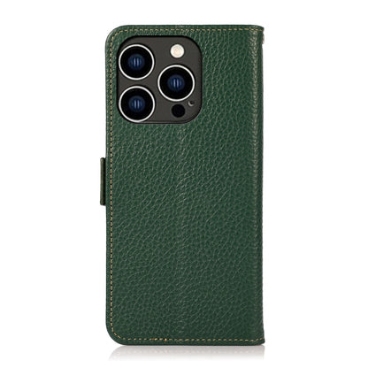 For iPhone 15 Pro KHAZNEH Side-Magnetic Litchi Genuine Leather RFID Phone Case(Green) - iPhone 15 Pro Cases by buy2fix | Online Shopping UK | buy2fix